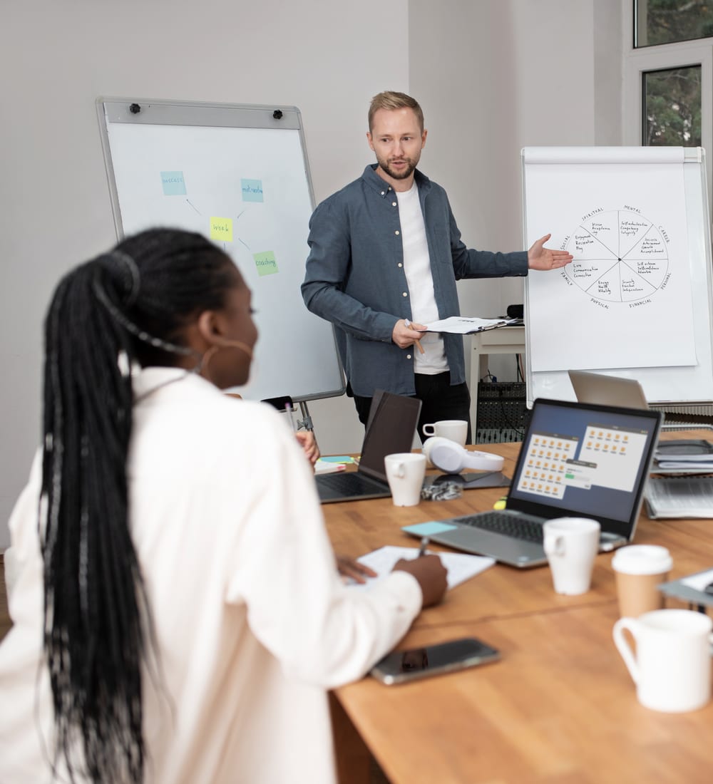 Réunion de travail autour d'une grande table, une personne présente au paperboard.